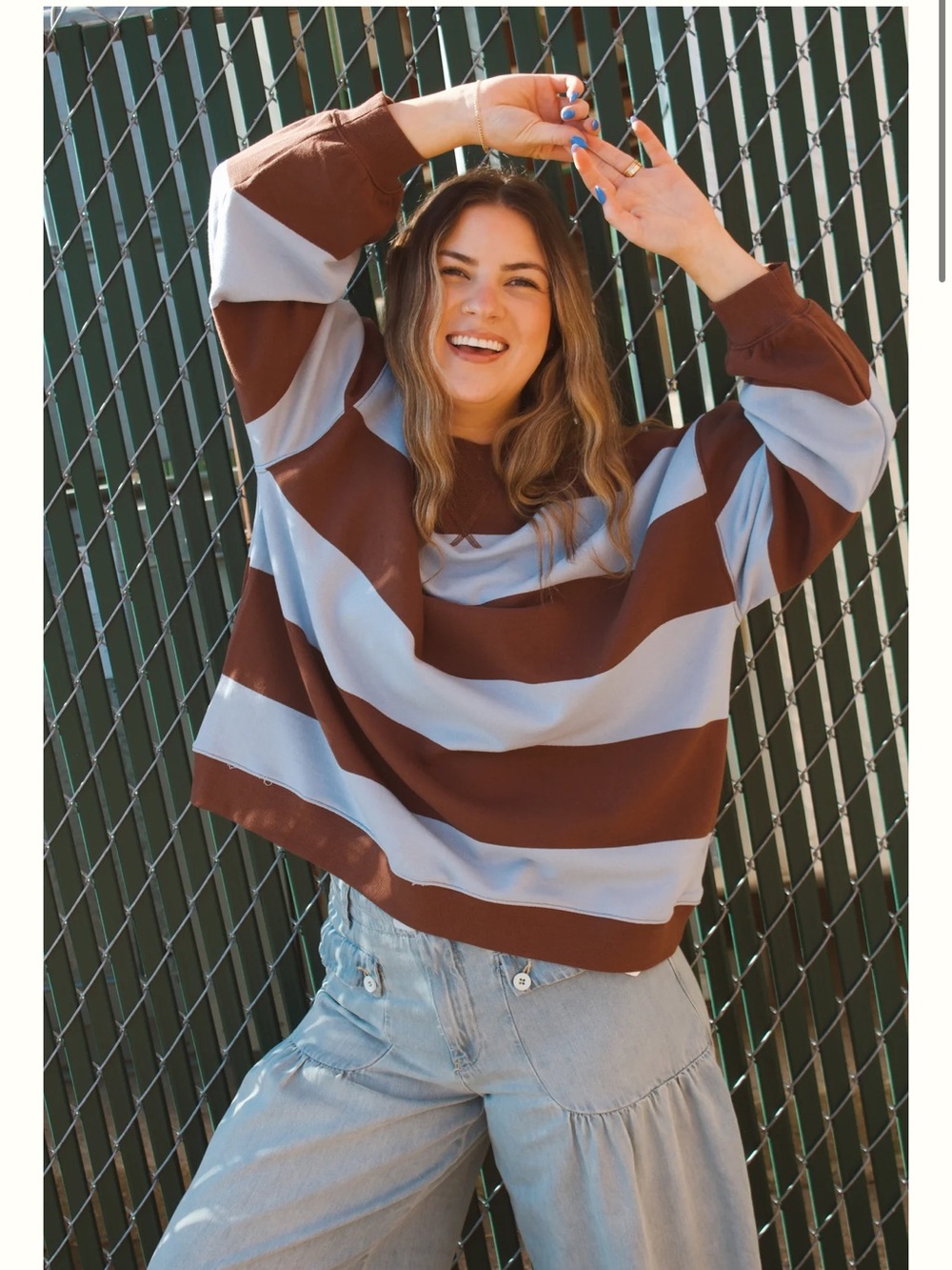 Free People Brown & Light Gray Striped Crewneck Sweater